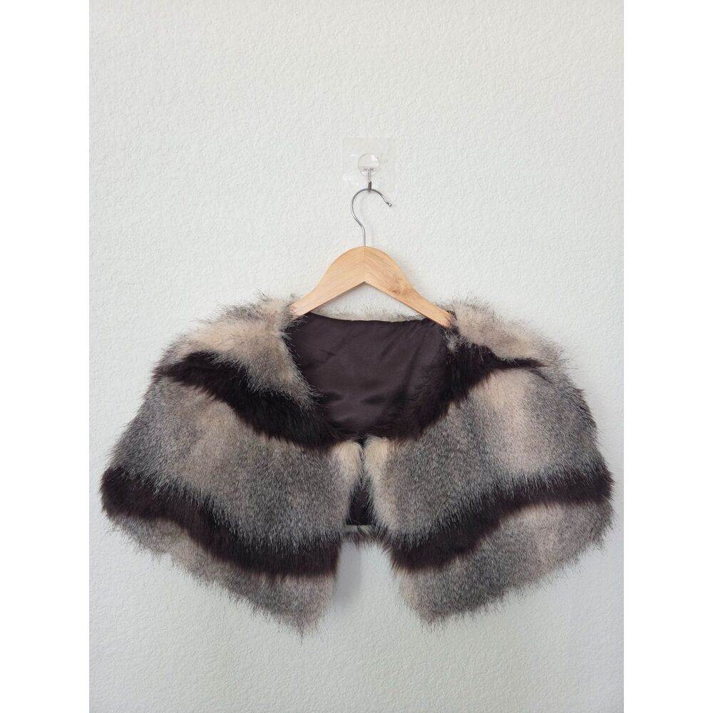 Chinchilla Style Faux Fur Capelet Shrug Stole Wrap Brown Gray Cream Satin Lined